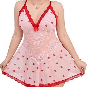 Women Plus Size Babydoll Lingerie Lace Chemise Mesh Sleepwear Pink Hearts